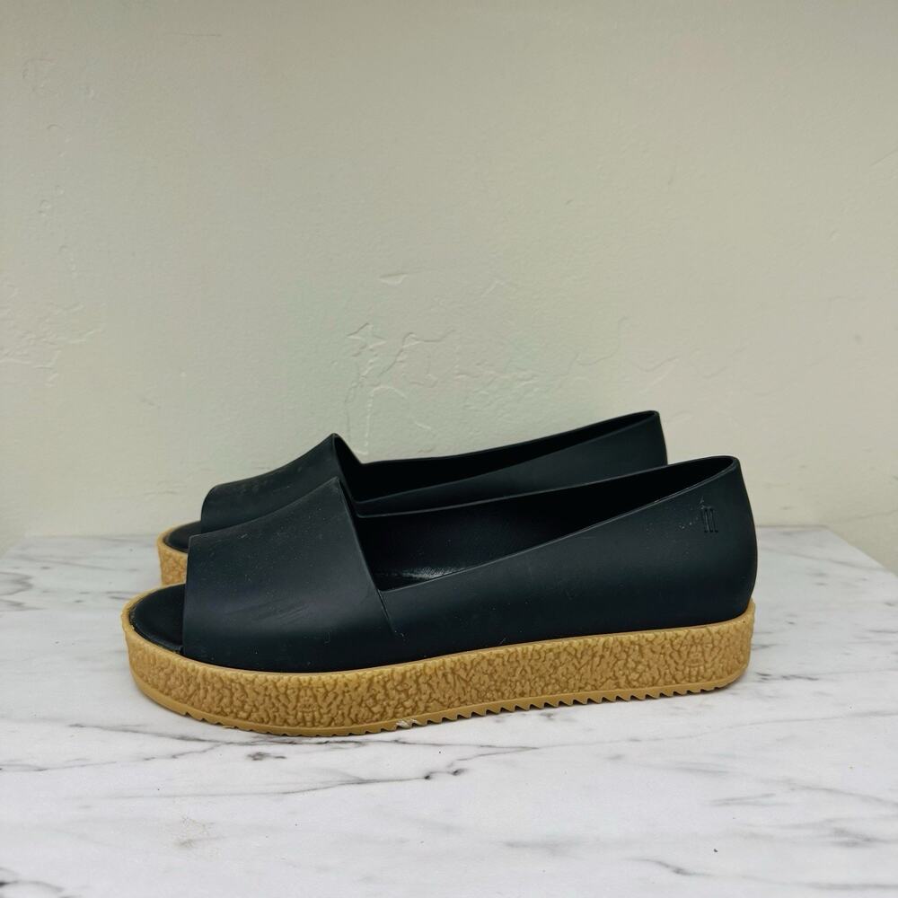 Melissa Puzzle Peep Toe Black Leather Slip On Sandals Women’s Size 8
